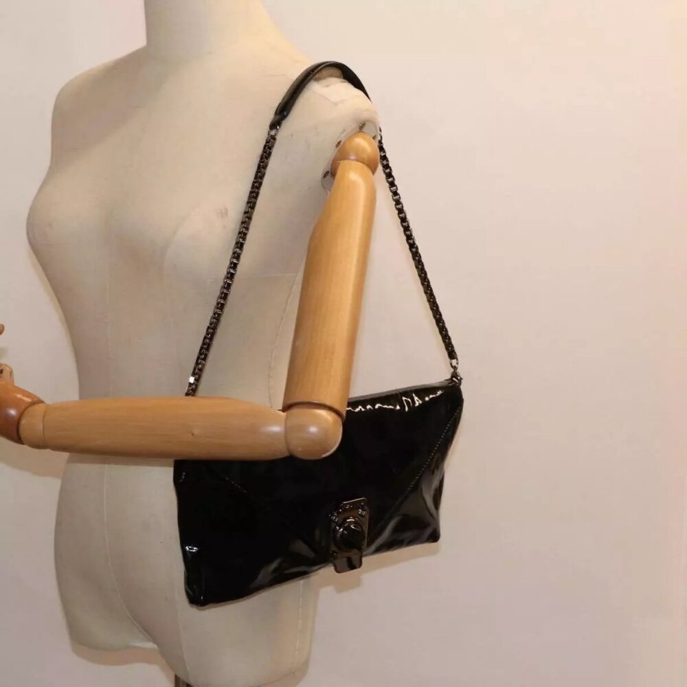 CELINE Chain Shoulder Bag Enamel Black Silver Auth - Picture 2 of 15